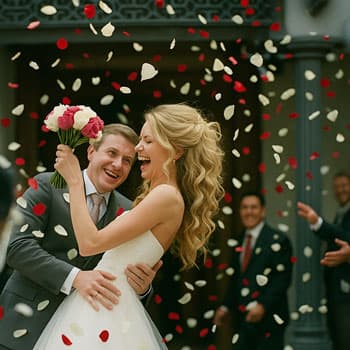 Молодожёны на свадебной фотосессии в Минске под дождём из лепестков роз