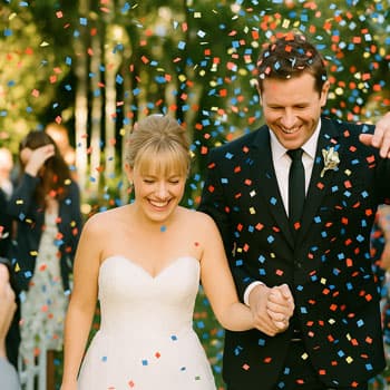 Жених и невеста на свадебной фотосессии в Минске под дождём из конфетти