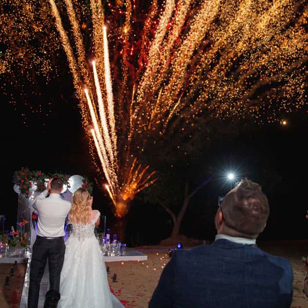 Молодожёны и гости наслаждаются праздничным фейерверком в честь свадьбы в Минске