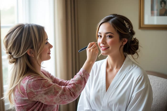 у окна делают макияж невесте