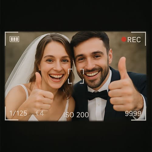 Жених и невеста улыбаются и показывают большие пальцы вверх, позируя для свадебной фотосессии